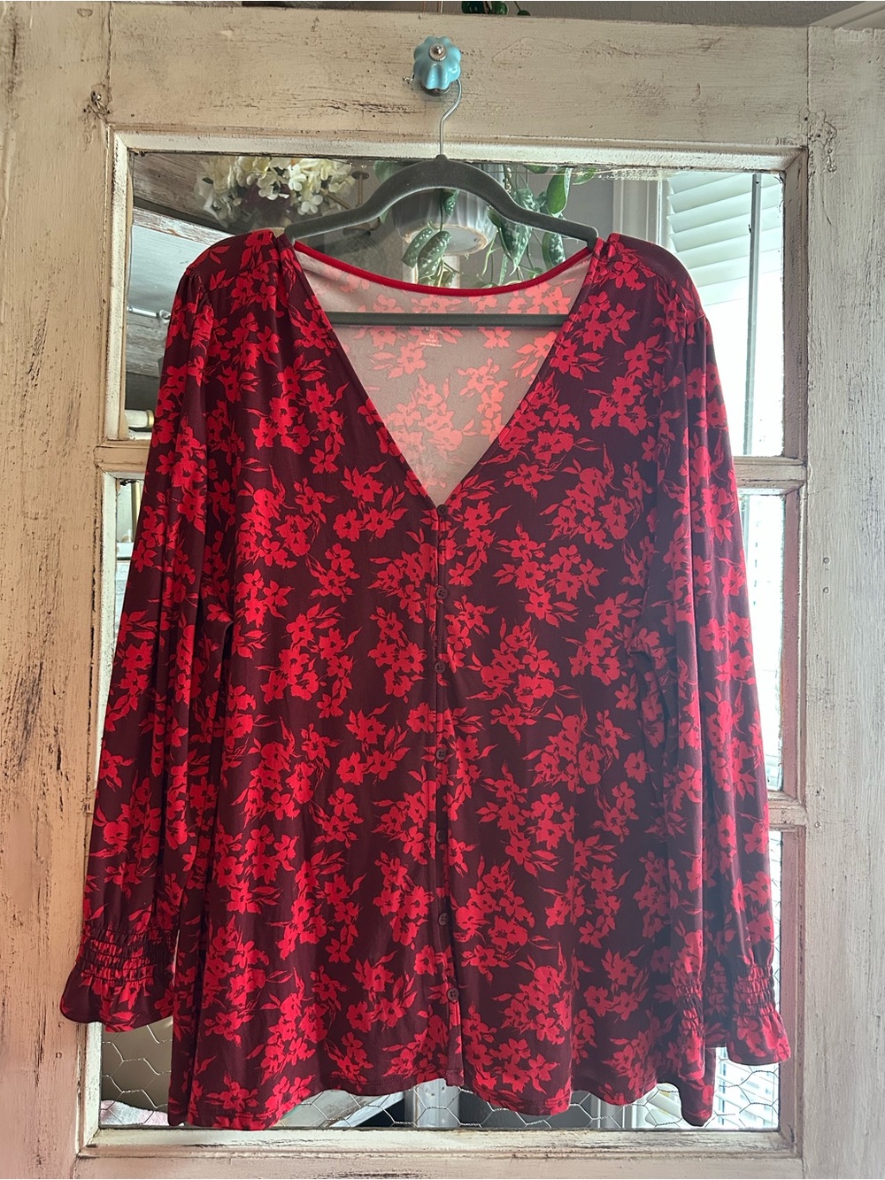 Lands' End | Red Floral V-Neck Tunic Top